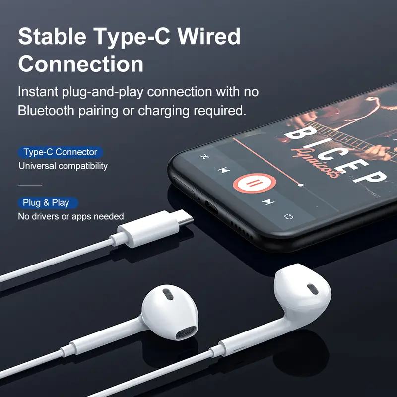USB-C Headphones with Mic & Volume Control- HiFiStereo Earbuds for iPhone 1717 Pro/16/15, Samsung S25/S24/S23, Pixel 10/9, OnePlus & USB-C Phones