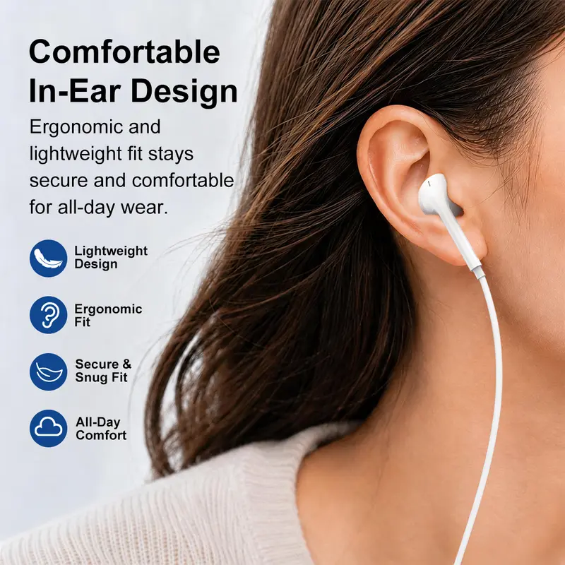 USB-C Headphones with Mic & Volume Control- HiFiStereo Earbuds for iPhone 1717 Pro/16/15, Samsung S25/S24/S23, Pixel 10/9, OnePlus & USB-C Phones