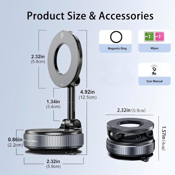 Guccqueen 2.0 Foldable Magnetic Car Phone Mount - 20 N52 Magnets, Vacuum Suction Cup with Heat-Resistant Nano-Adhesive Base for MagSafe Phones, Cars, Tools And Gadgets