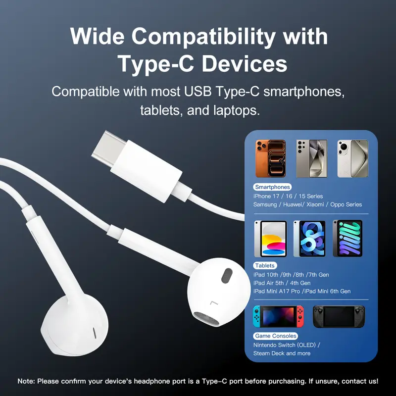 USB-C Headphones with Mic & Volume Control- HiFiStereo Earbuds for iPhone 1717 Pro/16/15, Samsung S25/S24/S23, Pixel 10/9, OnePlus & USB-C Phones